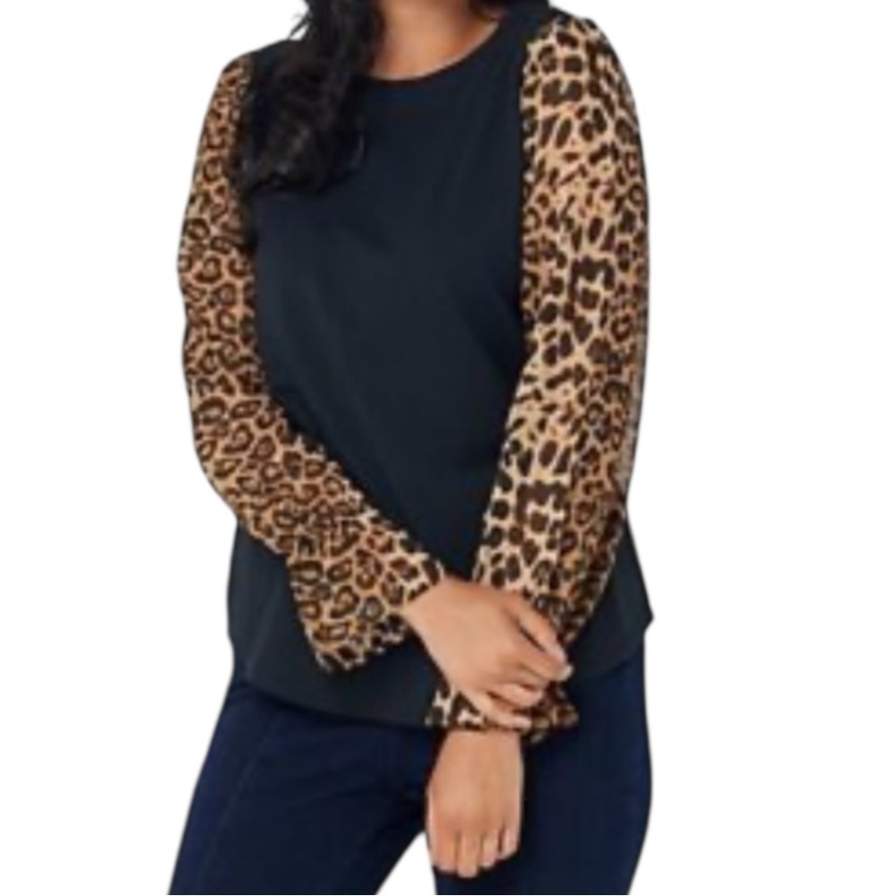 BELLE BY KIM GRAVEL CHIC SHEER LEOPARD PRINT SLEEVES TOP SZ SM EUC - Picture 5 of 11